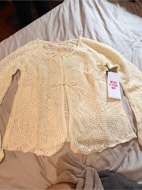 Cream Crochet Tie-Front Cardigan - Unbranded